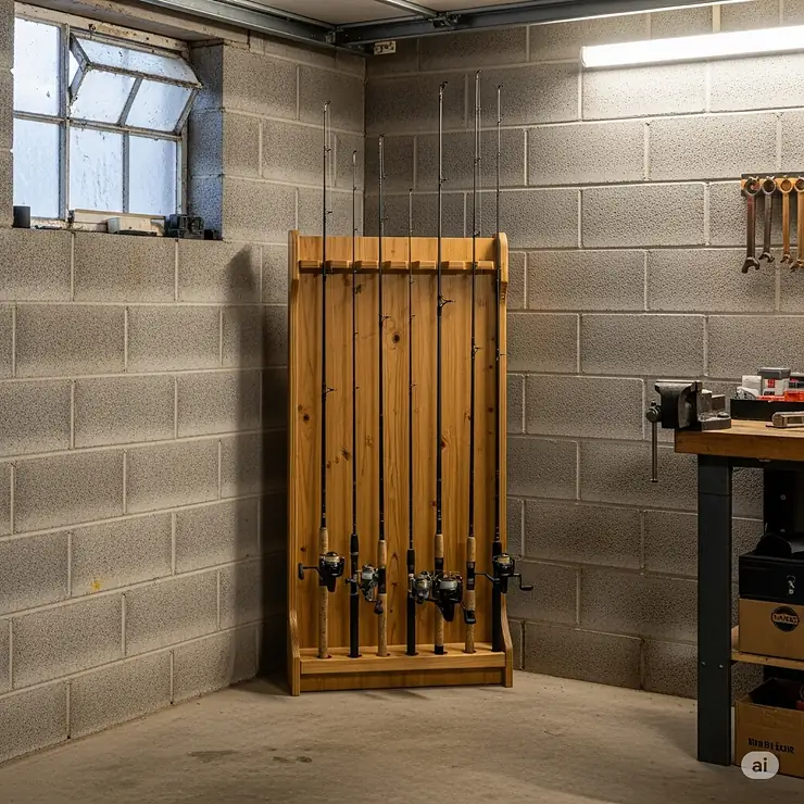 A vertical fishing rod rack holding several rods in a corner of a garage, showcasing an efficient way to save floor space.