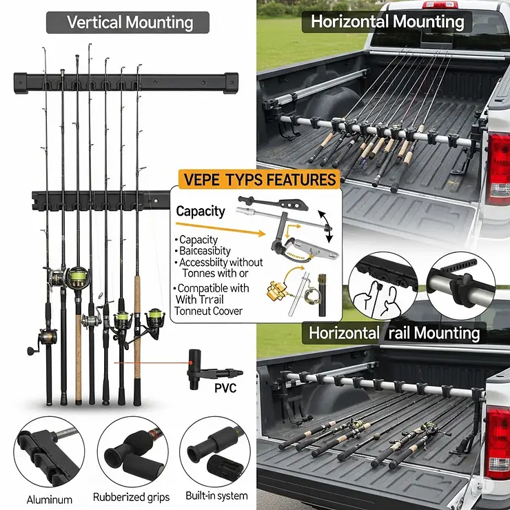 Comparative illustration of different types of truck bed fishing rod holders, such as vertical and horizontal mounting options, helping users choose the best fit for their needs.