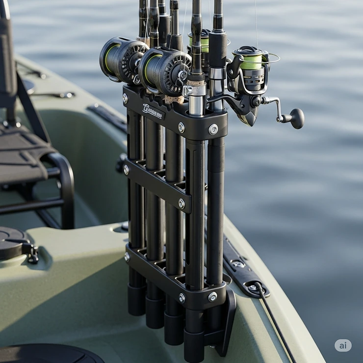 A close-up illustration of a vertical kayak rod rack, highlighting its space-saving design.