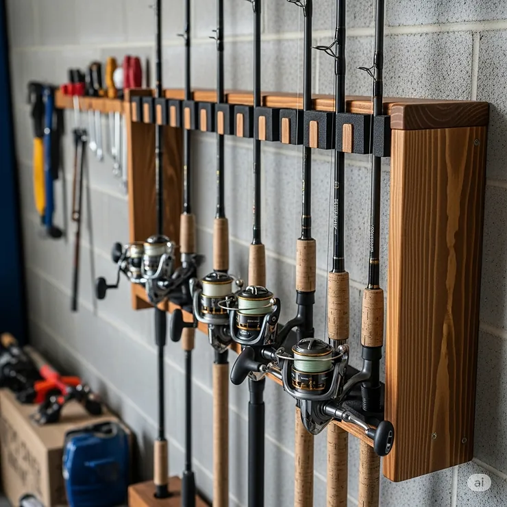 A close-up shot of a wall-mounted fishing rod rack in a garage, displaying the design and function of the holder.