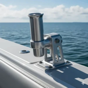 A close-up of a durable, lightweight aluminum surf fishing rod holder, showcasing its corrosion-resistant material.