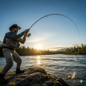 A dynamic photo of an angler skillfully casting a line with a lightweight carbon fiber fishing rod, showcasing its powerful and precise performance.