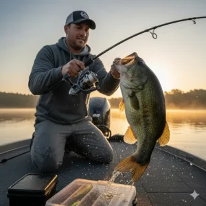 An angler successfully catching a largemouth bass using one of the best spinning reels.