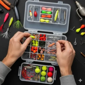 An overhead view of an angler meticulously organizing their various fishing bait and tackle into a new storage system.