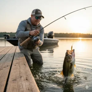 An angler successfully landing a large bass while using a trusted rod and reel system.