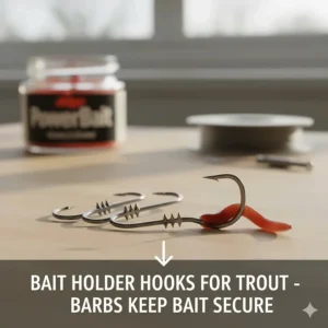 Close-up of bait holder hooks with two small barbs on the shank, ideal for keeping natural bait secure while fishing for trout.