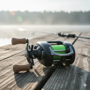 Detail shot of a low-profile baitcasting reel, ideal gear for precision casting when hunting largemouth bass.
