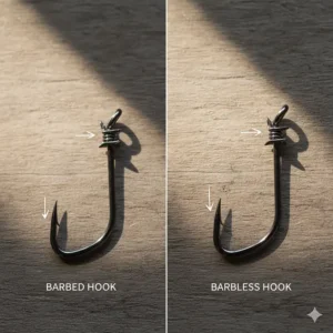 Comparing a standard barbed hook to a barbless trout fishing hook, highlighting the key difference for catch and release.