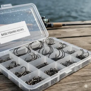 A clear, detailed image of a comprehensive bass fishing hooks assortment, featuring Extra-Wide Gap (EWG), straight shank, and treble hook styles, essential for various lures and techniques.