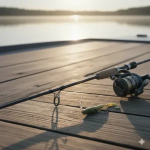 A Texas rig jig attached to a professional-grade bass fishing rod and reel setup.