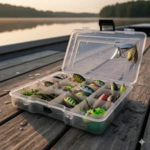 An organized tackle box filled with an assortment of different types of bass fishing lures, ready for a day on the water.