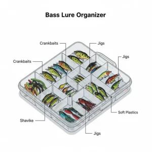 A specialized tackle tray dedicated to bass fishing lures, including crankbaits, jigs, and soft plastics, all organized by type and color.