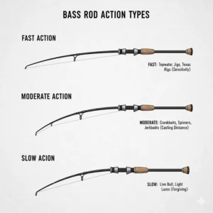 Illustration showing the different bass rod action types—fast, moderate, and slow—to help anglers choose the right taper for various techniques.