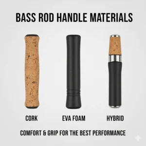 Close-up visual of various rod handle materials like cork and EVA foam, emphasizing the comfort and grip needed for a best bass fishing rod.