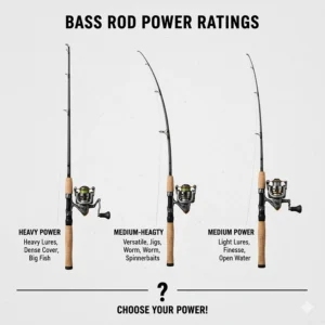 Diagram explaining bass rod power ratings (heavy, medium-heavy, medium) and which power is best suited for different lure weights and cover.