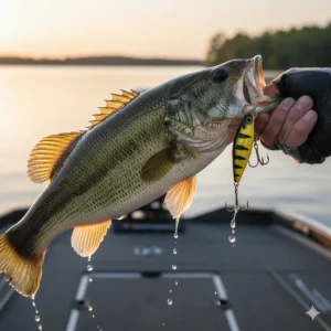 A large bass is held by a fisherman with a colorful lure still visible in its mouth, showcasing a successful catch.