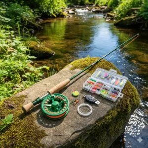 An overhead view of a complete beginner's trout fishing rod combo setup, including the rod, reel, line, and a small tackle box with essential lures and flies.