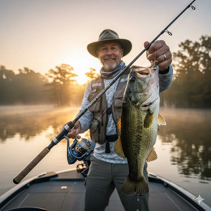 The best bass fishing rod being expertly held by an angler on a boat, highlighting its professional-grade design and sensitivity for catching large bass.