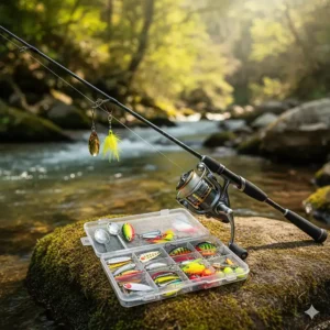 A professional-grade trout fishing combo set up with a variety of popular lures and spinners, demonstrating its versatility for different fishing conditions.