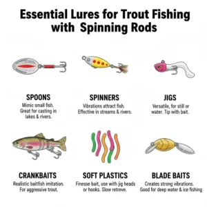 A curated collection of the most effective lures for trout, including small spinners, spoons, and jigs, commonly used with spinning rods.