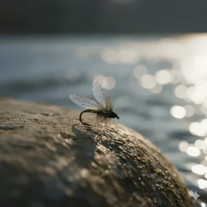 Close-up showing the small profile of a Blue-Winged Olive (BWO), a must-have dry fly for spring and fall hatches.