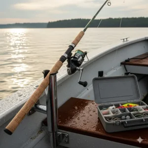 A fishing rod in a boat's rod holder, with a tackle storage box placed conveniently nearby on the deck.