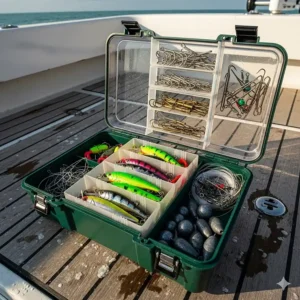 An open tackle box on a boat's deck, showing various plastic dividers and a wide array of colorful fishing lures, hooks, and sinkers.