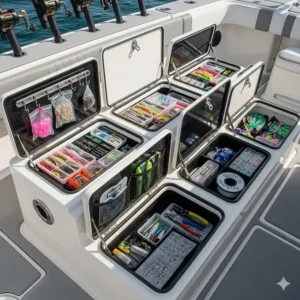 The built-in tackle storage compartments on a fishing boat's deck are shown open, highlighting their convenient and efficient design.