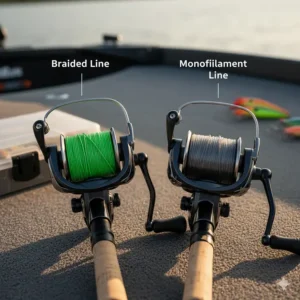 Comparison image showing braided line and monofilament line spooled on different spinning reels.