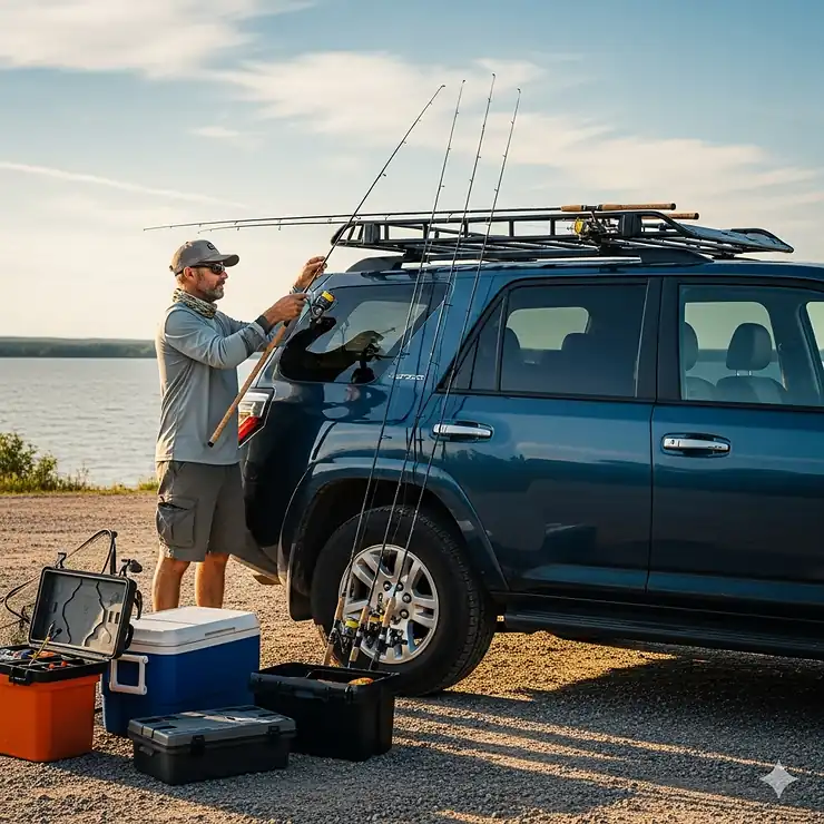 A fisherman is loading his fishing rods onto a car rack for fishing rods mounted on the roof of his SUV, ready for a day on the water.
