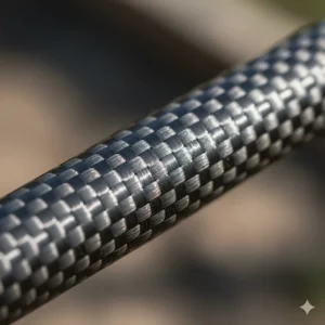 A macro photo showing the intricate weave of a carbon fiber graphite fishing rod blank. This image illustrates the lightweight, sensitive material used in many of the best fishing poles for bass.