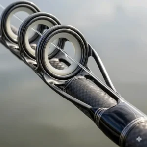 An image focusing on the high-quality guide rings of a carbon fiber fishing rod, illustrating how they reduce friction and improve casting distance.