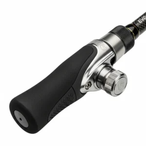 A visual of the ergonomic handle and secure reel seat on a premium carbon fiber fishing rod, designed for comfort and control during long fishing sessions.