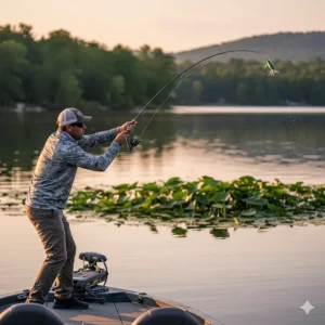 A side-profile view of an angler expertly casting a fishing pole into a calm lake, targeting a spot near some lily pads where bass might be hiding. The rod shows a good bend from the cast.