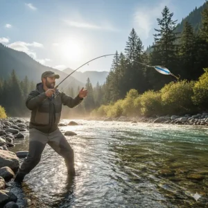 Image of an angler casting a fishing spoon into a clear stream, demonstrating a common trout retrieval technique.