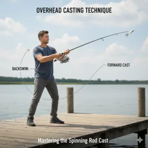 A short animated clip demonstrating the correct overhead casting technique using a medium-heavy spinning rod to achieve long, accurate casts.