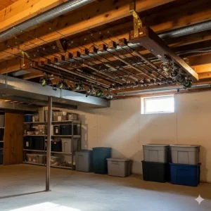 An innovative ceiling-mount fishing rod rack installed in a basement, providing overhead storage and maximizing floor space.