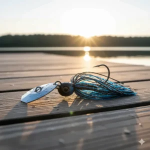 A close-up of a chatterbait lure featuring its unique hexagonal blade that creates a strong vibration to attract bass.