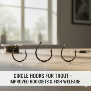An example of modern circle hooks, increasingly popular in trout fishing for improved mouth hooksets and fish welfare.