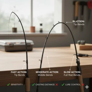 A comparative chart or graphic showing a side-by-side view of a fast action, moderate action, and slow action fishing pole, highlighting the different bends and how they relate to sensitivity and casting distance for bass fishing.