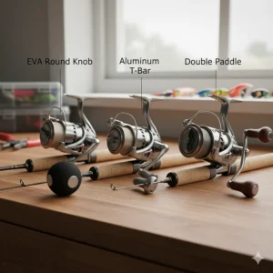 Visual comparison of different spinning reel handle designs and materials for comfortable bass fishing.