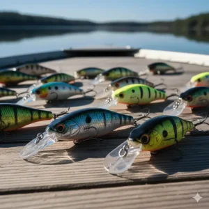A collection of lipped crankbait lures in different diving depths and finishes, designed to attract largemouth bass.
