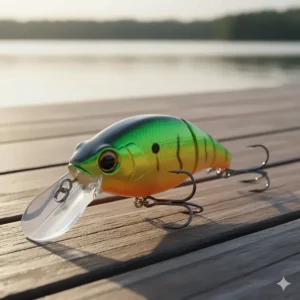 A detailed illustration of a realistic crankbait lure with a vibrant green and orange color pattern, featuring its diving lip and treble hooks.