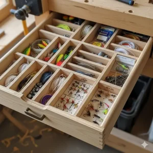 A custom-built wooden drawer with dividers specifically designed for organizing fishing tackle, featuring a unique, DIY approach.