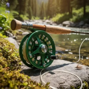 A detailed, close-up shot of the reel from a trout fishing rod and reel combo, showcasing the high-quality craftsmanship of the spool and drag system.