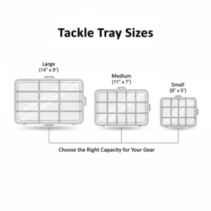 A visual comparison of three different sizes of empty tackle trays, demonstrating the range of options available for different amounts of gear.