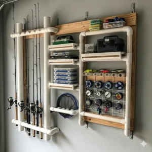 A custom-built, wall-mounted fishing organizer made from PVC pipes, providing an efficient storage solution for a garage or shed.