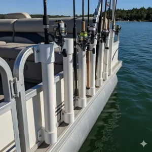 A DIY pontoon rod storage solution using PVC pipes mounted to the boat's side, showcasing a cost-effective way to store fishing rods.