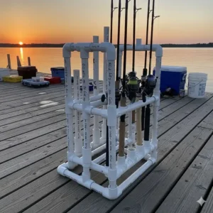 A homemade PVC fishing rod holder, a popular and simple DIY solution for anglers.