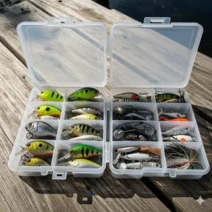 An open, double-sided plastic lure box displaying different types of crankbaits and jigs on both sides.